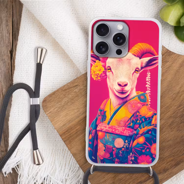 Geit - Hoorns - Kimono - Kleurrijk Hoesje iPhone 16 Pro Max met koord klein -sfeer4