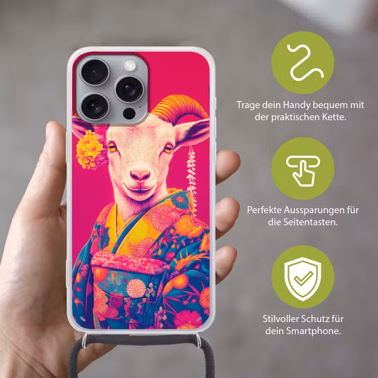 Geit - Hoorns - Kimono - Kleurrijk Hoesje iPhone 16 Pro Max met koord klein -sfeer2_DE