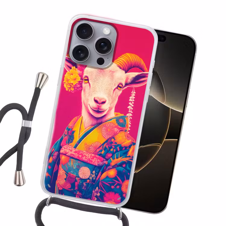 Geit - Hoorns - Kimono - Kleurrijk Hoesje iPhone 16 Pro Max met koord klein -sfeer1