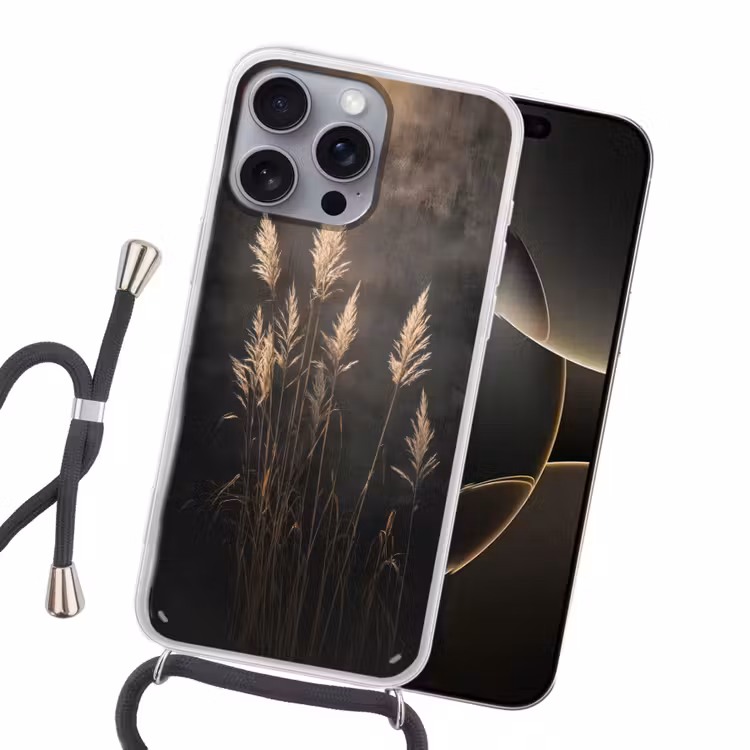 Siergras - Pluimen - Verlichting - Zwart Hoesje iPhone 16 Pro Max met koord klein -sfeer1