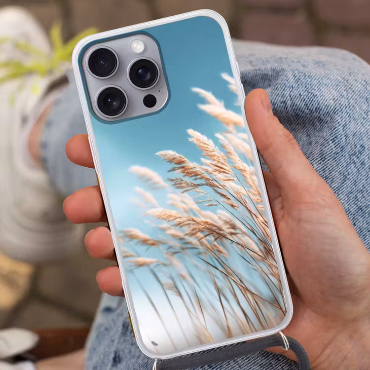 Siergras - Wind - Lichtbruin Hoesje iPhone 16 Pro Max met koord klein -sfeer3