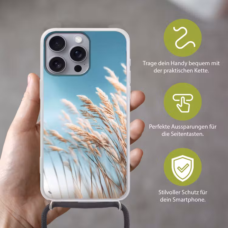 Siergras - Wind - Lichtbruin Hoesje iPhone 16 Pro Max met koord klein -sfeer2_DE