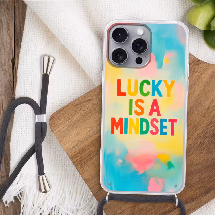 Quote - Lucky - Regenboogkleuren Hoesje iPhone 16 Pro Max met koord klein -sfeer4