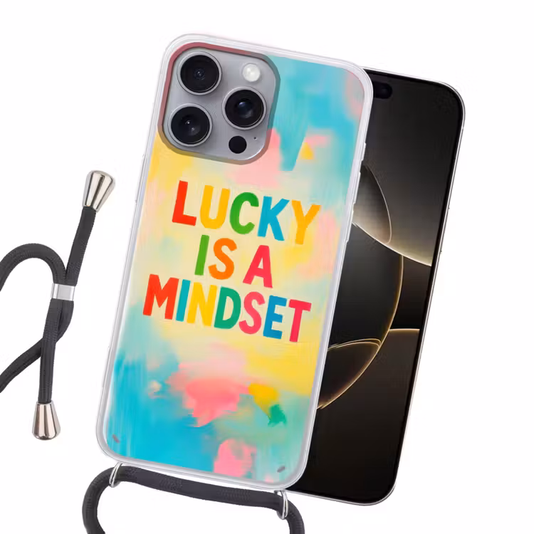 Quote - Lucky - Regenboogkleuren Hoesje iPhone 16 Pro Max met koord klein -sfeer1