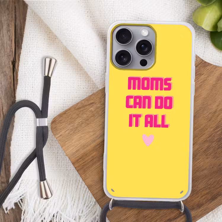 Quote - Moeder - Hartje - Roze Hoesje iPhone 16 Pro Max met koord klein -sfeer4