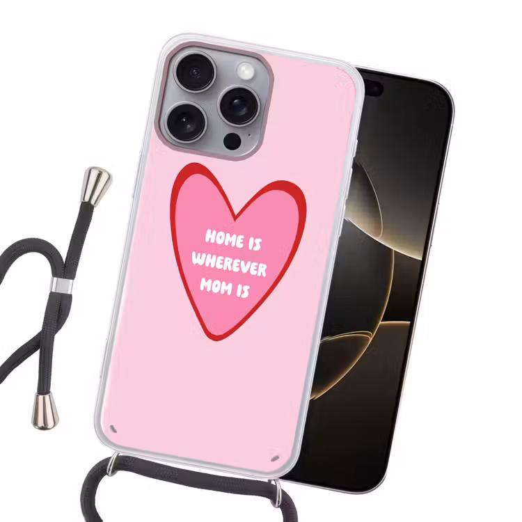 Quote - Moeder - Roze Hoesje iPhone 16 Pro Max met koord klein -sfeer1