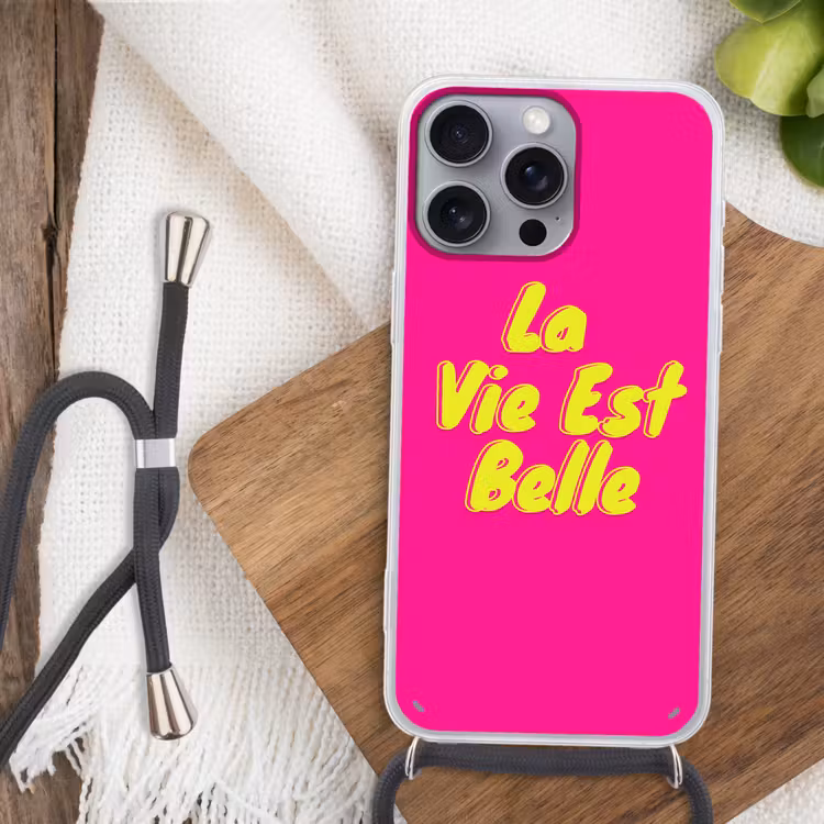 Quote - Retro - Roze Hoesje iPhone 16 Pro Max met koord klein -sfeer4