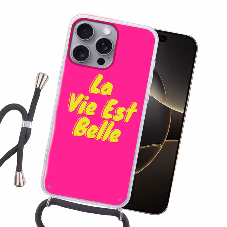 Quote - Retro - Roze Hoesje iPhone 16 Pro Max met koord klein -sfeer1