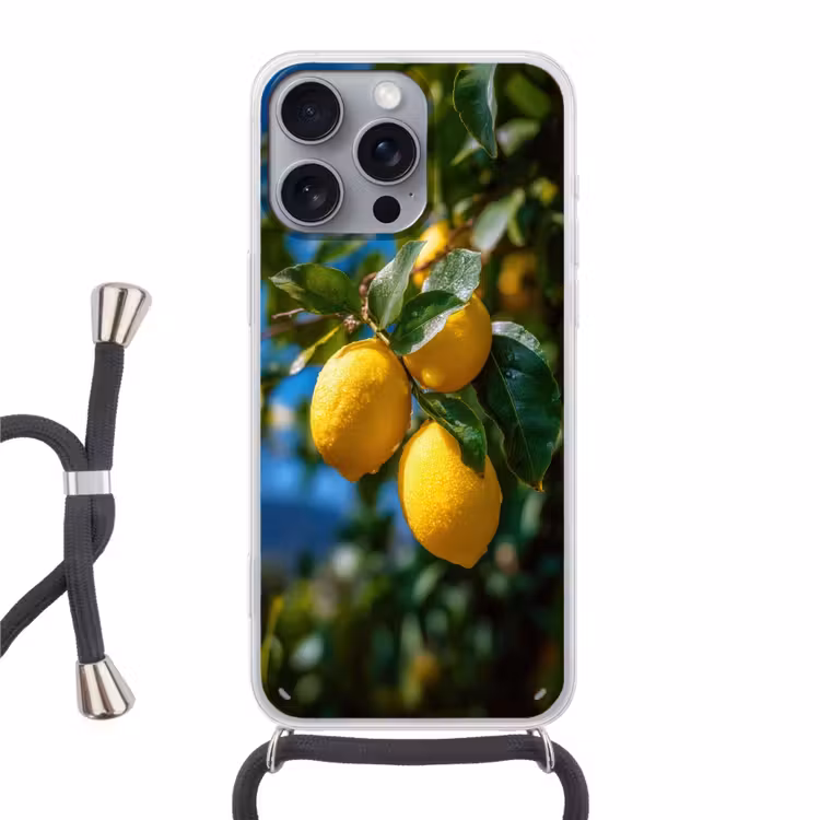 Citroenen - Bladeren - Blauwe lucht Hoesje iPhone 16 Pro Max met koord klein -3d