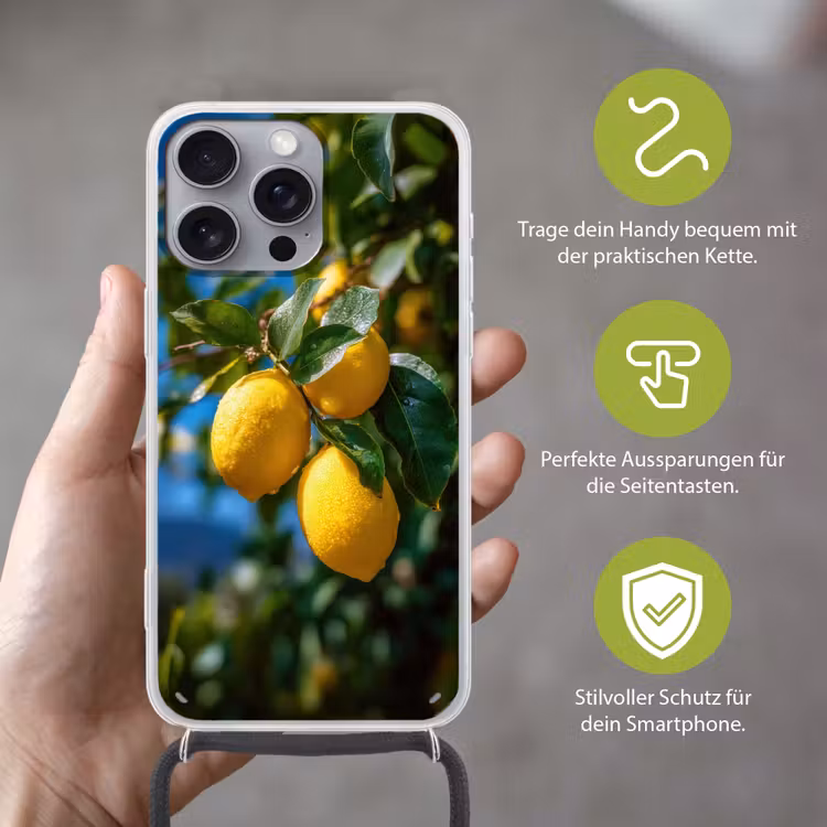 Citroenen - Bladeren - Blauwe lucht Hoesje iPhone 16 Pro Max met koord klein -sfeer2_DE
