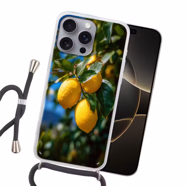 Citroenen - Bladeren - Blauwe lucht Hoesje iPhone 16 Pro Max met koord klein -sfeer1