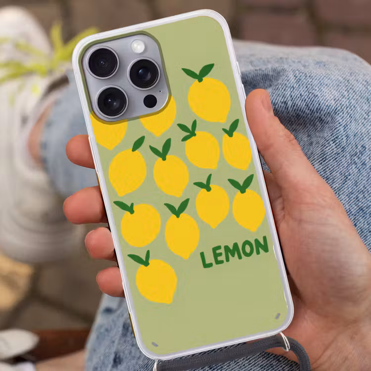 Citroenen - Blaadjes - Geel - Patroon Hoesje iPhone 16 Pro Max met koord klein -sfeer3