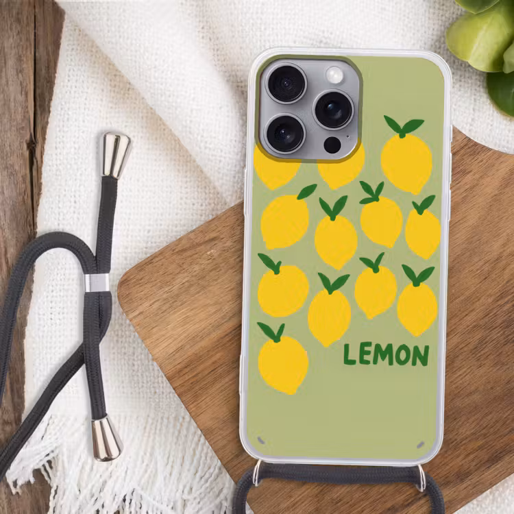 Citroenen - Blaadjes - Geel - Patroon Hoesje iPhone 16 Pro Max met koord klein -sfeer4