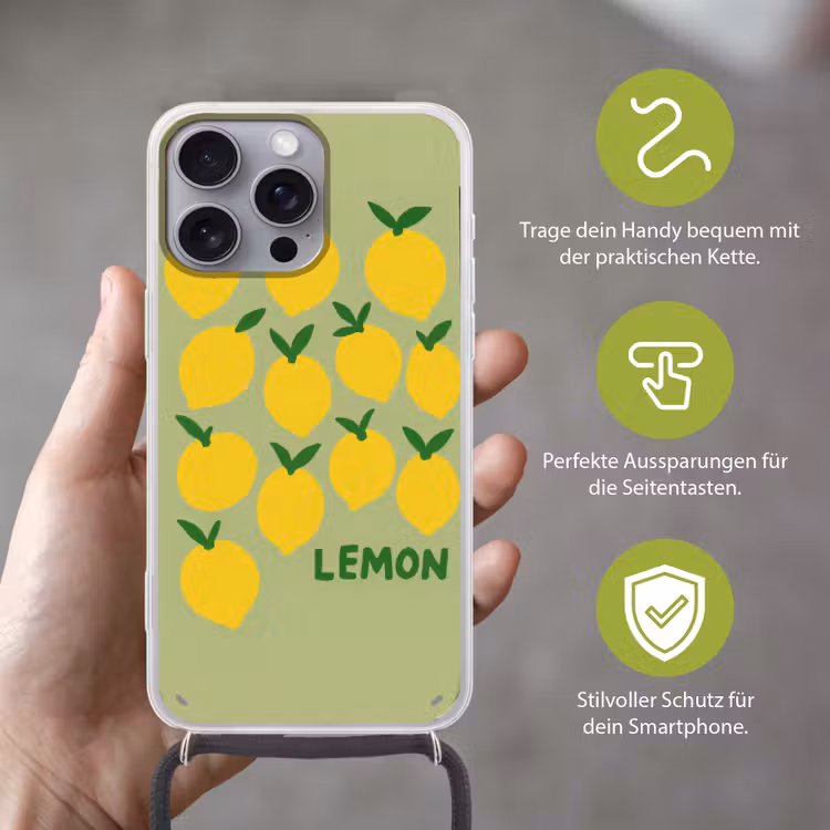 Citroenen - Blaadjes - Geel - Patroon Hoesje iPhone 16 Pro Max met koord klein -sfeer2_DE