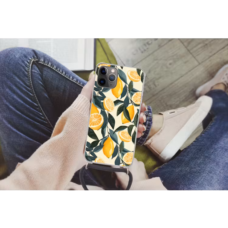 Citroenen - Vruchten - Bladeren - Geel - Groen - Beige Hoesje iPhone 12 Pro met koord klein -hand
