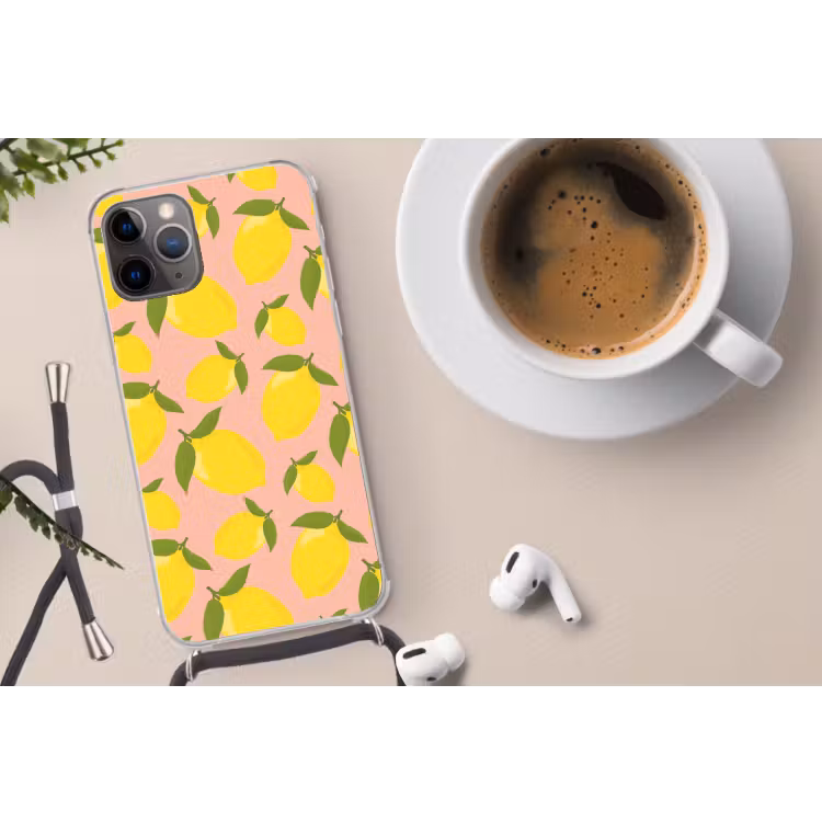 Citroenen - Geel - Roze - Patroon - Vruchten Hoesje iPhone 12 Pro met koord klein -oordop