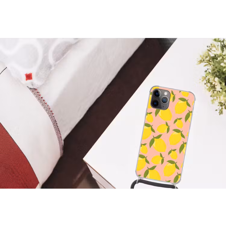 Citroenen - Geel - Roze - Patroon - Vruchten Hoesje iPhone 12 Pro met koord klein -kamer