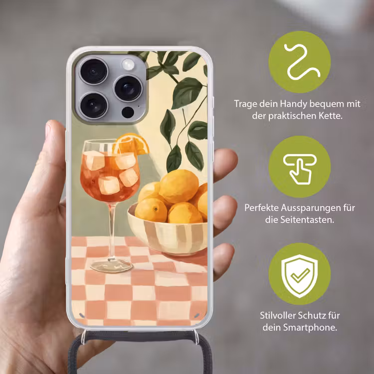 Citroenen - Glas - Tafelkleed - Geblokt Hoesje iPhone 16 Pro Max met koord klein -sfeer2_DE
