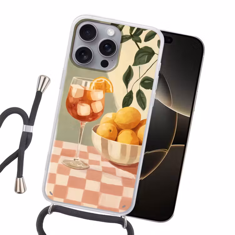 Citroenen - Glas - Tafelkleed - Geblokt Hoesje iPhone 16 Pro Max met koord klein -sfeer1