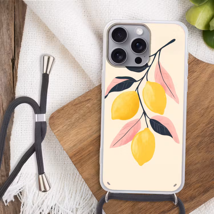 Citroenen - Felgeel - Tak - Bladeren Hoesje iPhone 16 Pro Max met koord klein -sfeer4