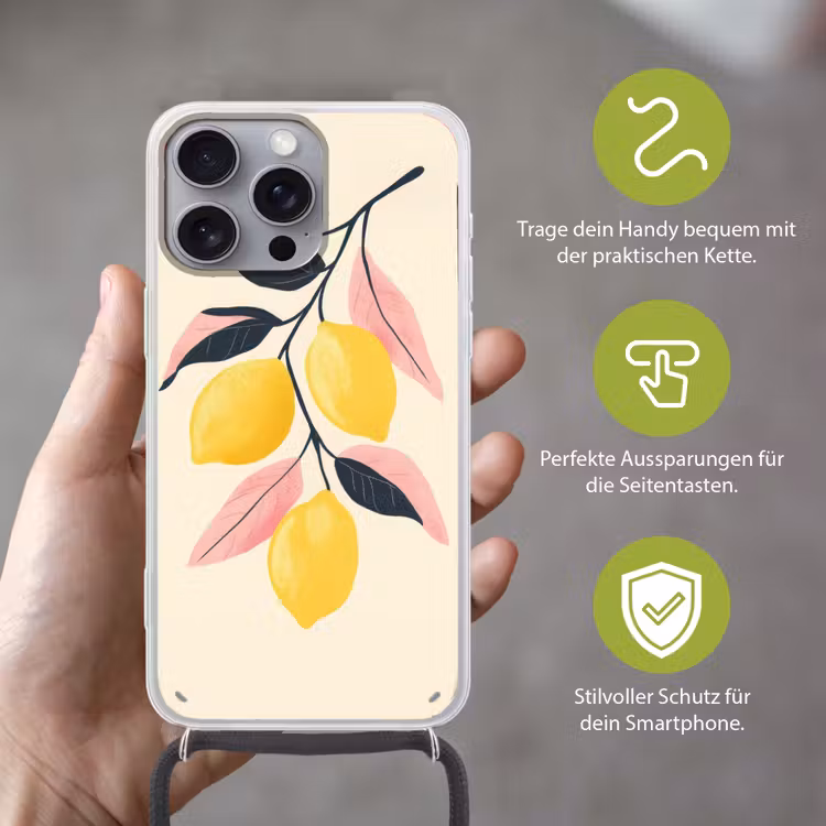 Citroenen - Felgeel - Tak - Bladeren Hoesje iPhone 16 Pro Max met koord klein -sfeer2_DE