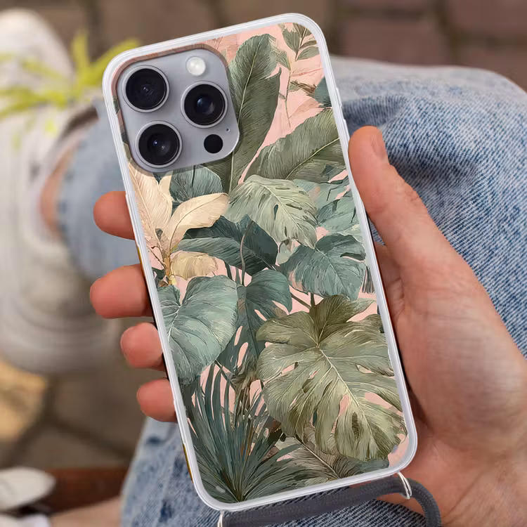 Compositie van bladeren - Groen - Roze Hoesje iPhone 16 Pro Max met koord klein -sfeer3