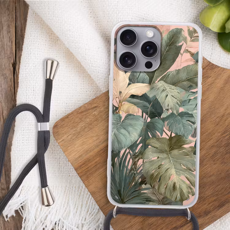 Compositie van bladeren - Groen - Roze Hoesje iPhone 16 Pro Max met koord klein -sfeer4