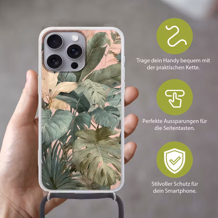 Compositie van bladeren - Groen - Roze Hoesje iPhone 16 Pro Max met koord klein -sfeer2_DE
