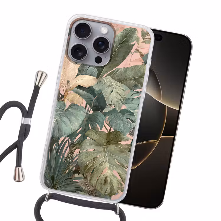 Compositie van bladeren - Groen - Roze Hoesje iPhone 16 Pro Max met koord klein -sfeer1