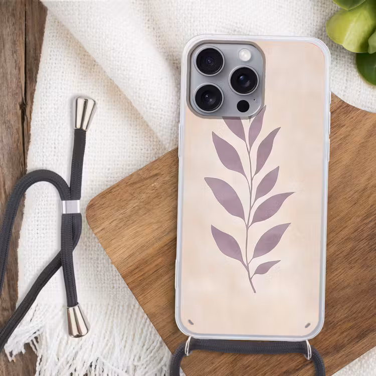 Tak - Bladeren - Minimalistisch - Beige Hoesje iPhone 16 Pro Max met koord klein -sfeer4