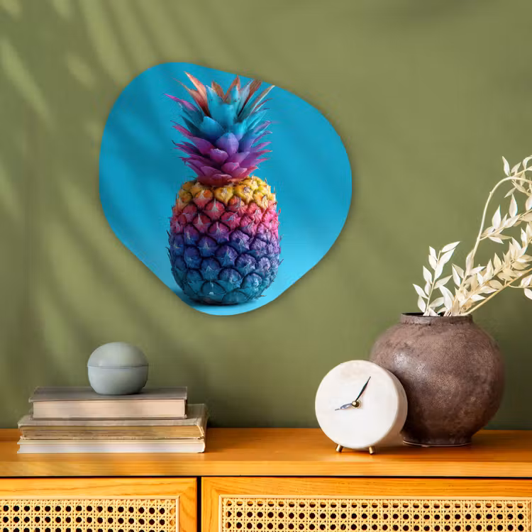 Ananas - Regenboog - Blauw - Popart Wandcirkel Organisch Forex 3mm klein -sfeer2