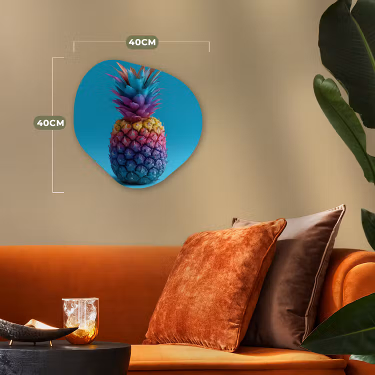 Ananas - Regenboog - Blauw - Popart Wandcirkel Organisch Forex 3mm klein -sfeer3