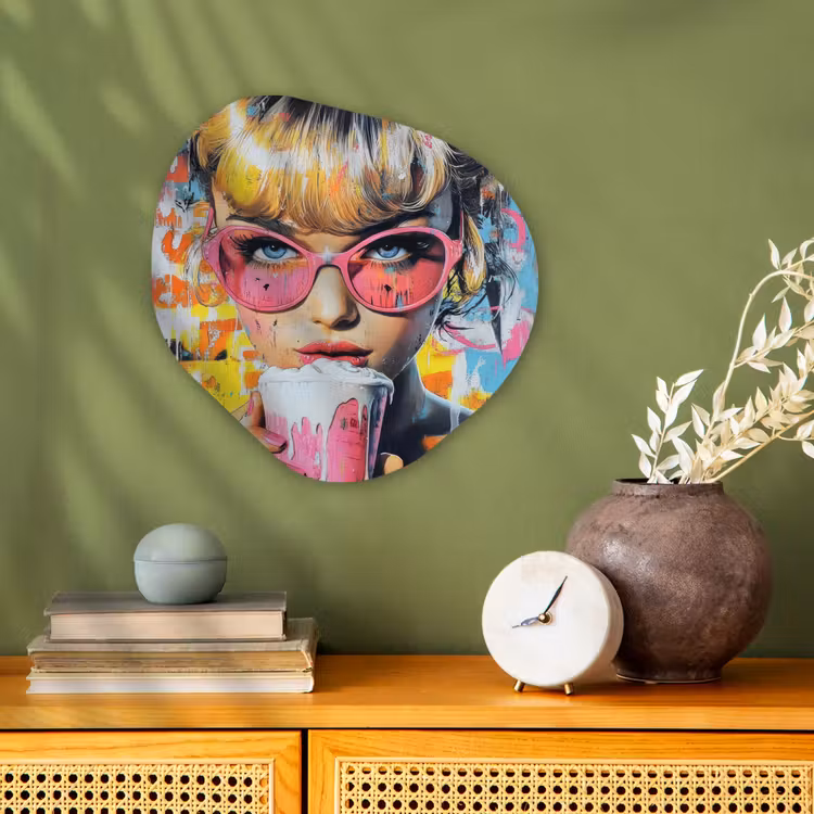 Expressief - Milkshake - Vrouw - Felle kleuren Wandcirkel Organisch Forex 3mm klein -sfeer2