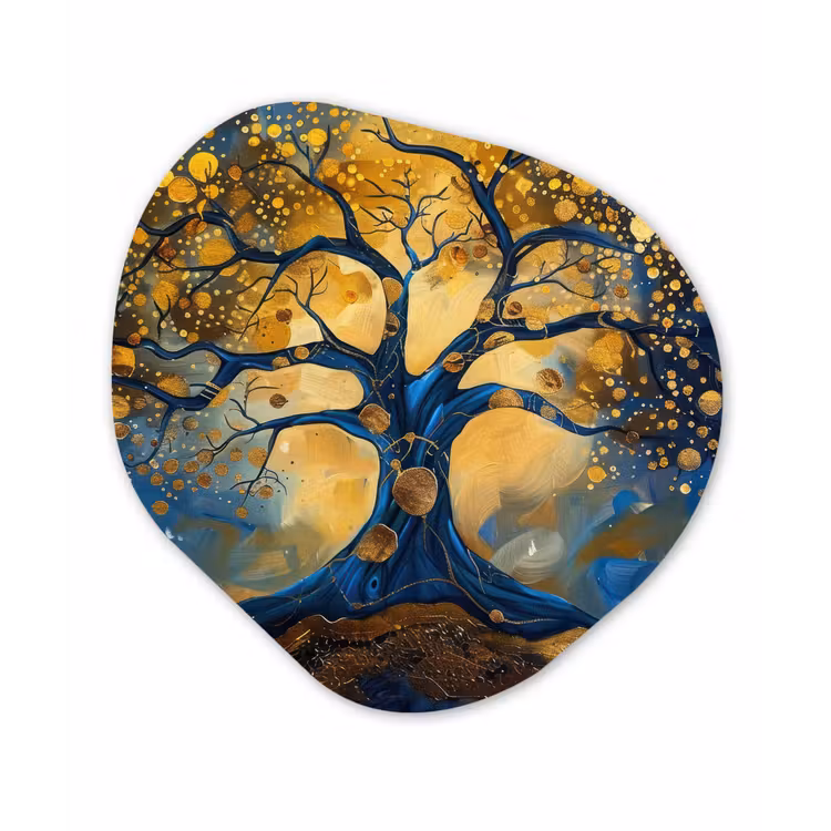Boom - Levensboom - Blauw - Goud Wandcirkel Organisch Forex 3mm klein -3d