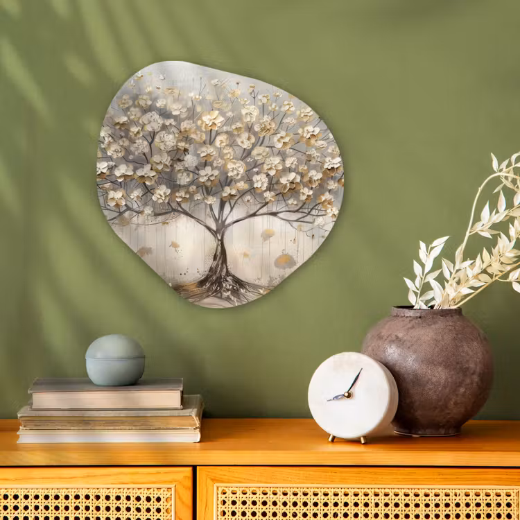 Boom - Beige - Goud - Verflook - Grijs Wandcirkel Organisch Forex 3mm klein -sfeer2