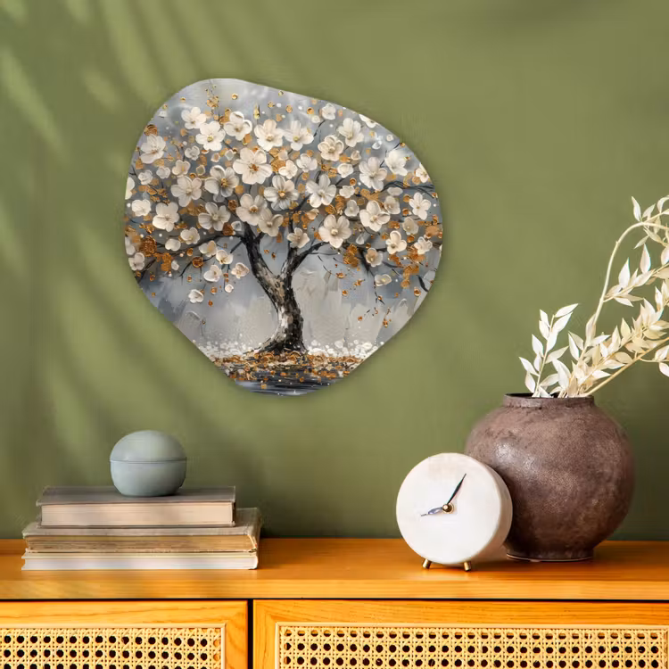 Boom - Bloemen - Wit - Natuur - Kunst Wandcirkel Organisch Forex 3mm klein -sfeer2
