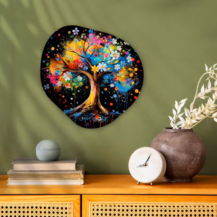 Boom - Kleurrijk - Bloemen - Zwart Wandcirkel Organisch Forex 3mm klein -sfeer2