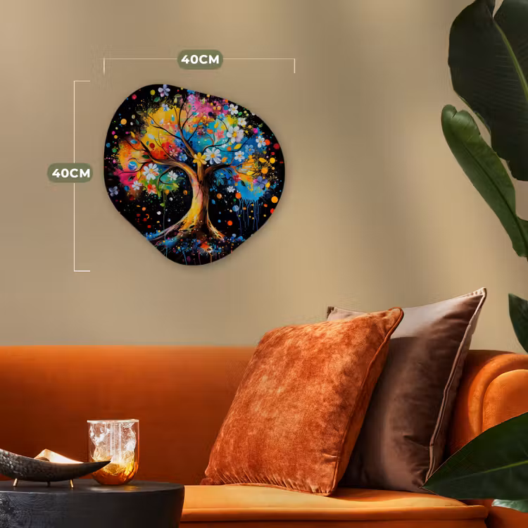 Boom - Kleurrijk - Bloemen - Zwart Wandcirkel Organisch Forex 3mm klein -sfeer3