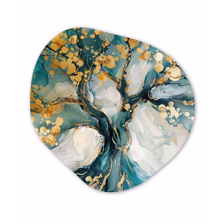 Boom - Modern - Verflook - Turquoise - Goud Wandcirkel Organisch Forex 3mm klein -3d
