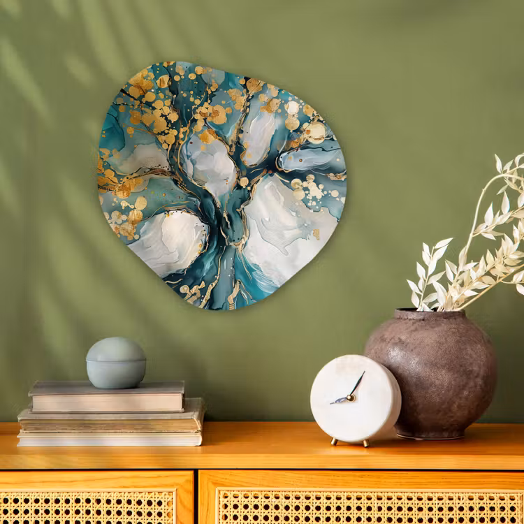 Boom - Modern - Verflook - Turquoise - Goud Wandcirkel Organisch Forex 3mm klein -sfeer2