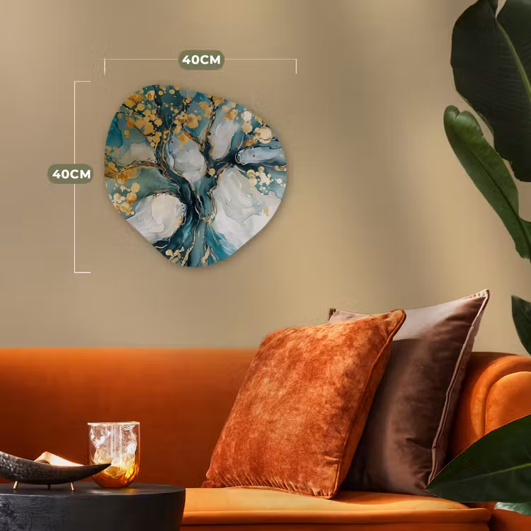 Boom - Modern - Verflook - Turquoise - Goud Wandcirkel Organisch Forex 3mm klein -sfeer3