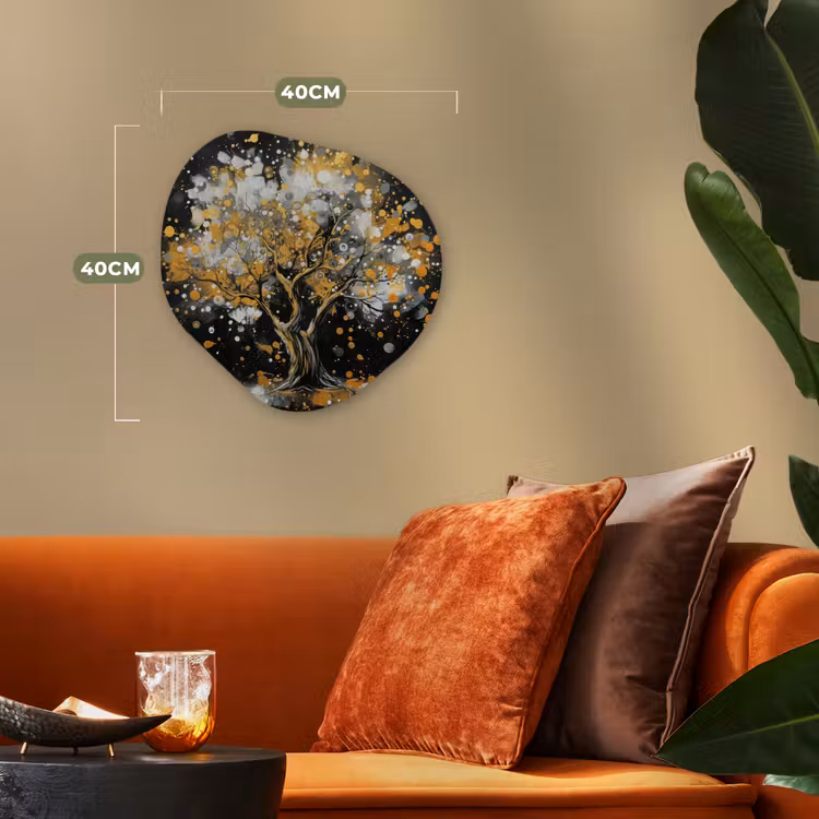 Boom - Zwart - Goud - Wit - Modern Wandcirkel Organisch Forex 3mm klein -sfeer3