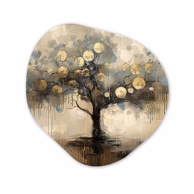 Beige - Abstract - Boom - Goud Wandcirkel Organisch Forex 3mm klein -3d