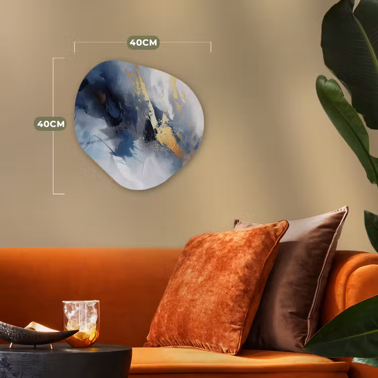Blauw - Modern - Marmer - Abstract - Goud Wandcirkel Organisch Forex 3mm klein -sfeer3