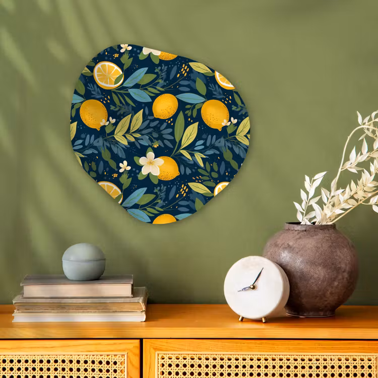 Bloemen - Bladeren - Citroenen - Blauw Wandcirkel Organisch Forex 3mm klein 629 -sfeer2