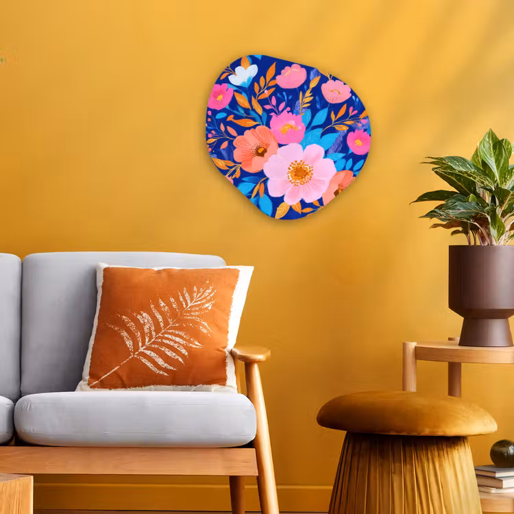 Bloemen - Blauw - Roze Wandcirkel Organisch Forex 3mm klein -sfeer4