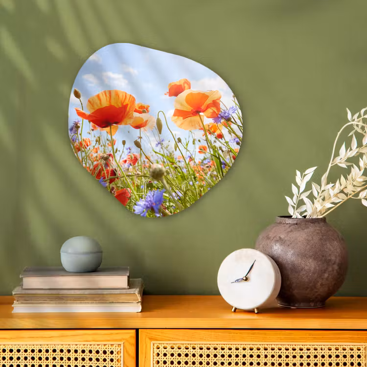 Bloemen - Klaproos - Lente - Natuur - Rood - Blauw Wandcirkel Organisch Forex 3mm klein -sfeer2