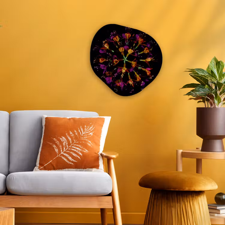 Bloemen - Oranje - Roze - Zwart Wandcirkel Organisch Forex 3mm klein -sfeer4