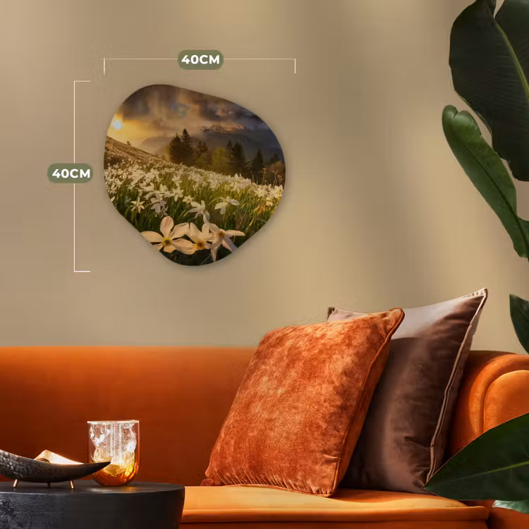 Bloemenveld - Heuvels - Zonsondergang - Berg - Natuur - Wit Wandcirkel Organisch Forex 3mm klein -sfeer3
