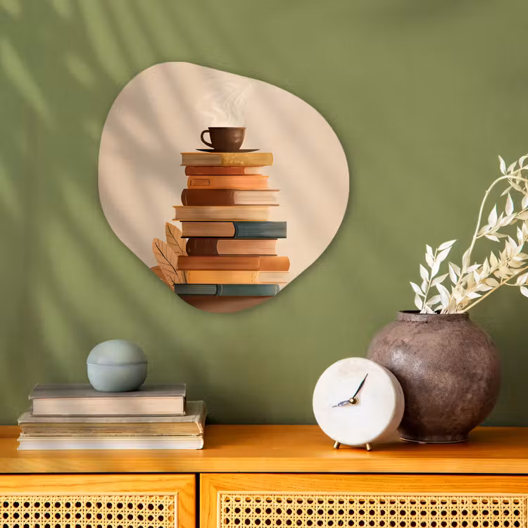 Boeken - Toren - Koffie - Beige Wandcirkel Organisch Forex 3mm klein -sfeer2